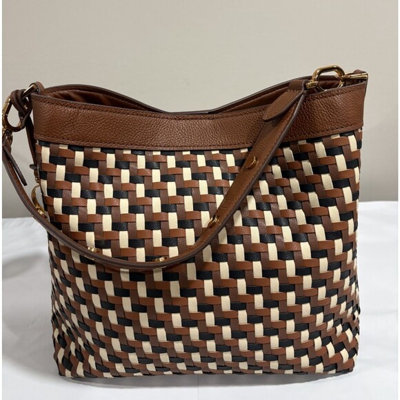 Fossil Jessie Leather Shoulder Bag Woven Colorway Brown/Black / Cream - Picture 6 of 15